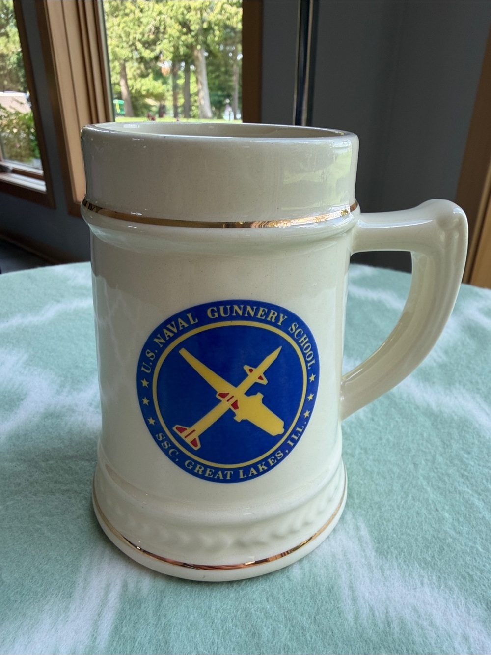 Vintage Cream Ceramic Commemorative Tankard U.S. Naval Gunnery School Emblem